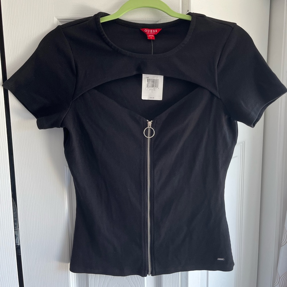 NWT GUESS Black Ribbed Zipper Front Women's Top